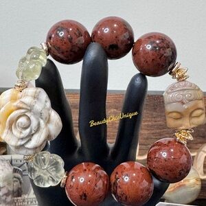 Mahogany Obsidian Red and Cream Floral Beaded Bracelet- Natural Stones